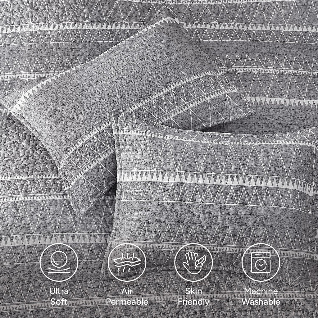 Quilts Queen Grey, 3 Pieces Queen Quilt Bedding Set Boho Lightweight Soft Striped Bedspread for All Season (90"x96")