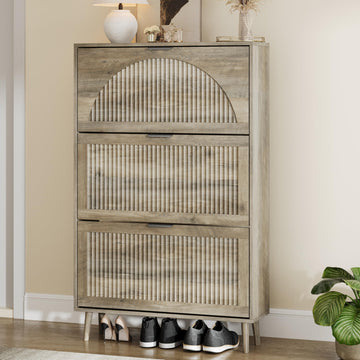 Shoe Storage Cabinet with 3 Flip Drawers, Narrow Wood Shoe Organizer Cabinet with Fluted Panel, Slim Shoe Rack