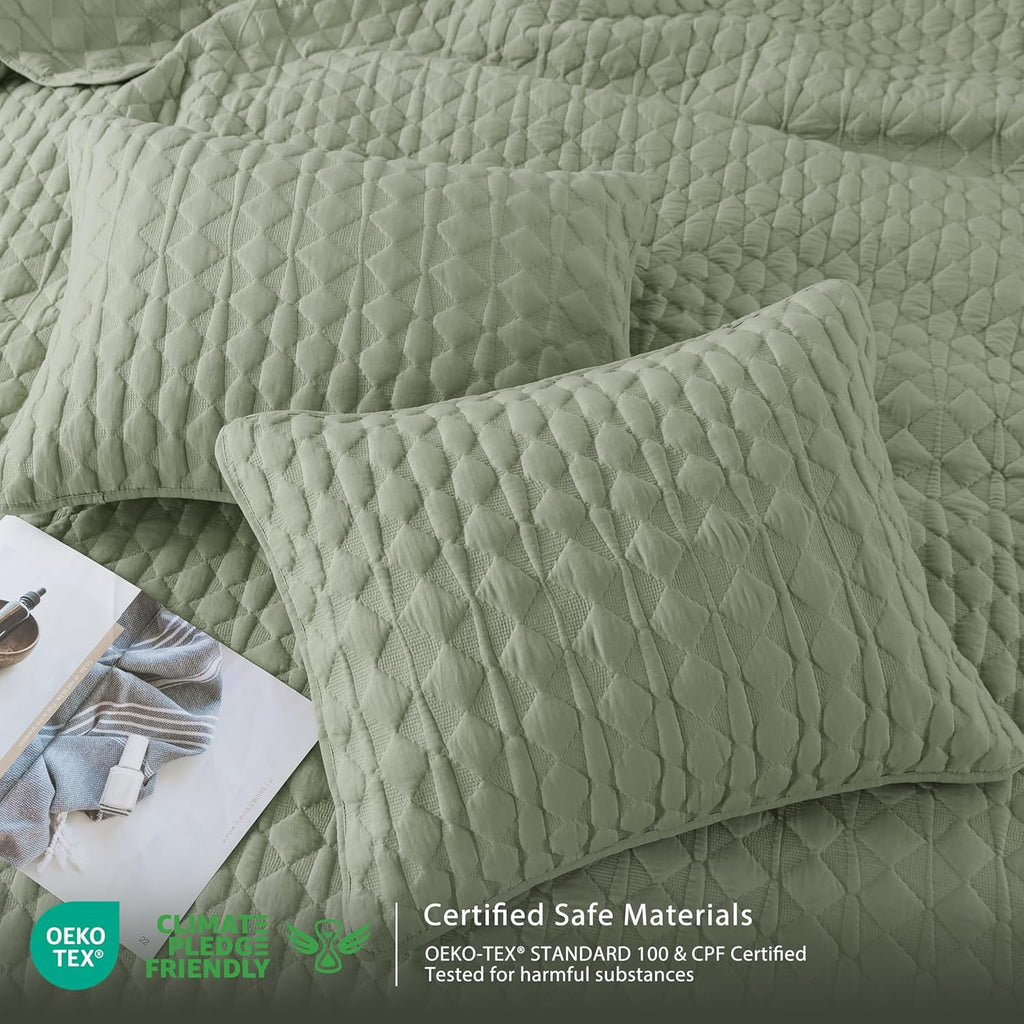 Sage Green Quilt Queen Bedding Sets with Pillow Shams, Lightweight Soft Bedspread Coverlet, Quilted Blanket Thin