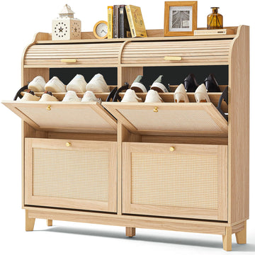Shoe Storage Cabinet, Rattan Shoe Cabinet Wood Shoes Rack Cabinets with Sliding Tambour Door, Large Flip Drawer Shoe