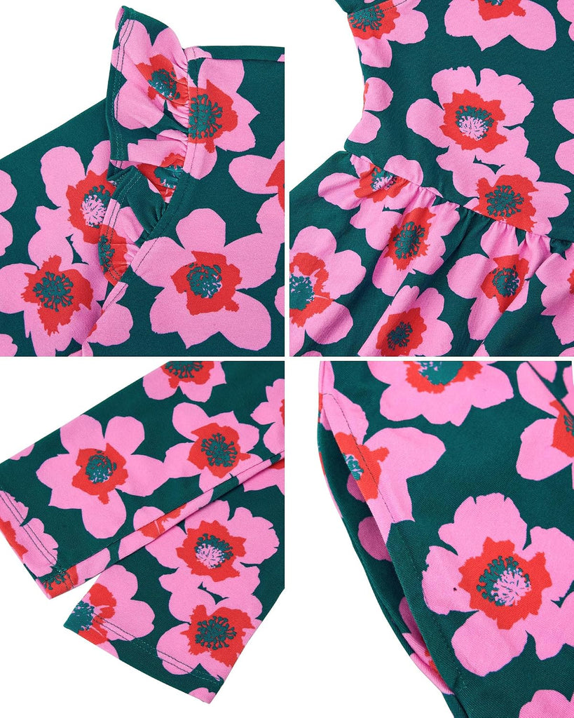 Girls Cotton Long Sleeve Cute Pattern Dress with Pockets