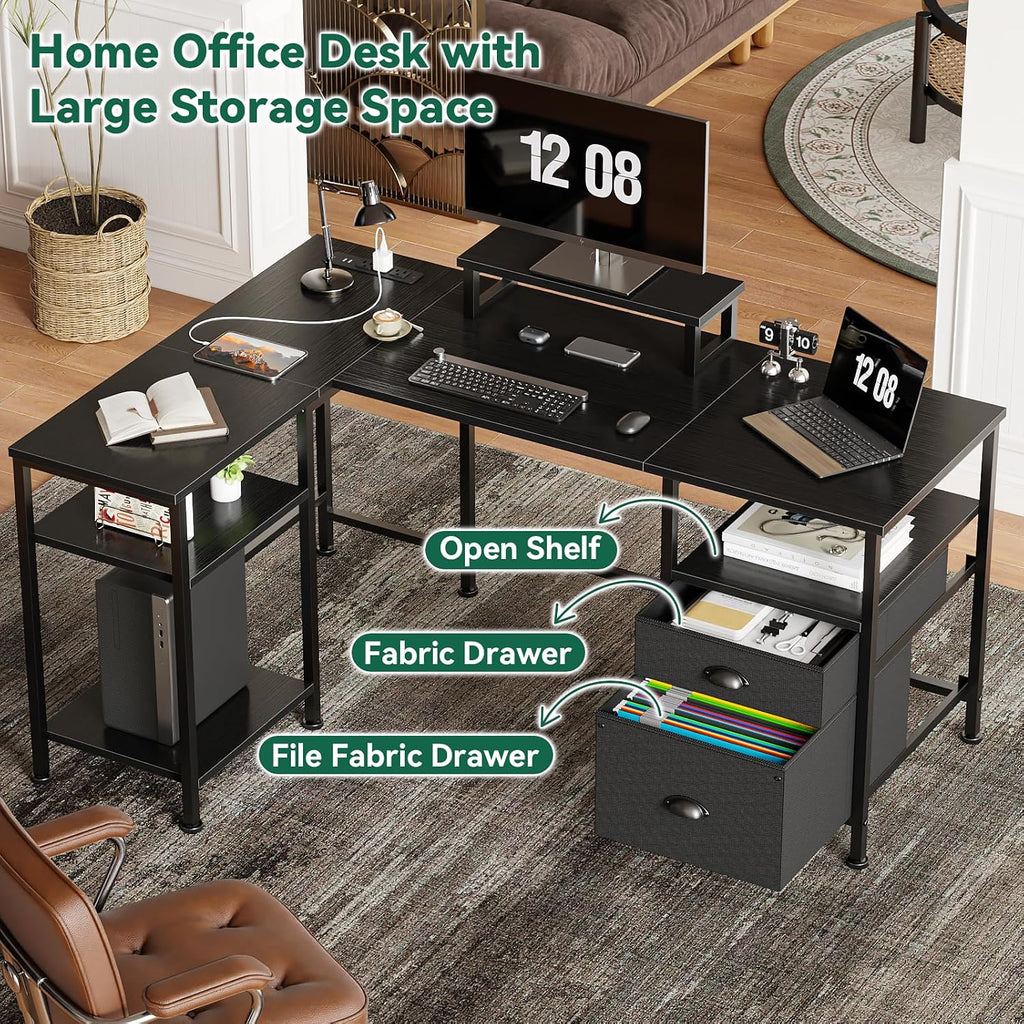 50 Inch L Shaped Gaming Desk with Power Outlet and Drawers, Black | Reversible Computer Corner Design,Fabric File