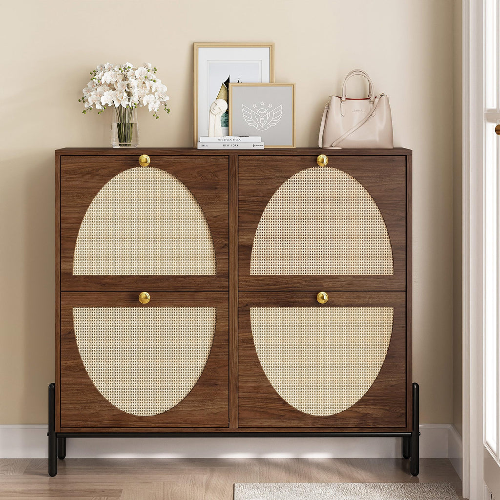 Rattan Shoe Cabinet Storage with 4 Flip Drawers, Walnut
