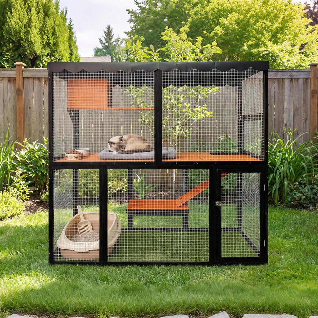 Wooden Outdoor Cat Enclosure, 4-Tier Large Cat House, Multi-Cat Catio with Waterproof Roof, Ramp, and Multiple Access