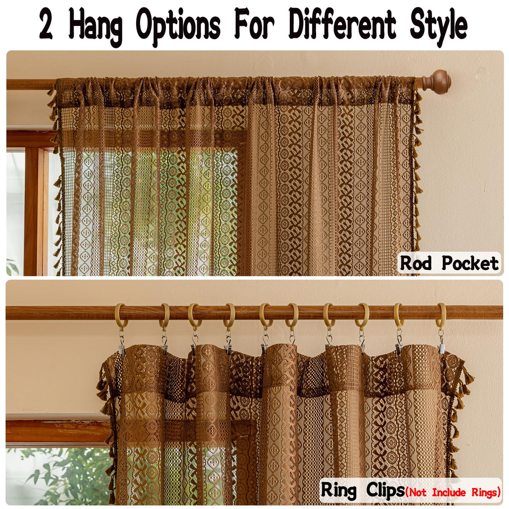 Boho Curtains 2 Panels Nursery, Lace Curtains Bohemian Semi Sheer Farmhouse Crochet Privacy Vintage Tassels Taupe