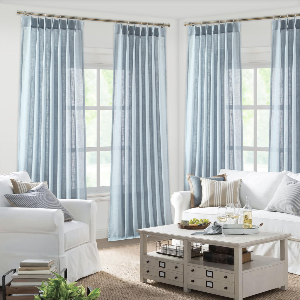 Dusty Blue Bailey Pinch Pleat Semi Sheer Curtains 108 Inches Long