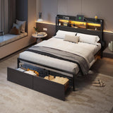Full Bed Frame with Wood Headboard, Metal Platform Bed Frame Full with 2 Storage Drawers and Shelf