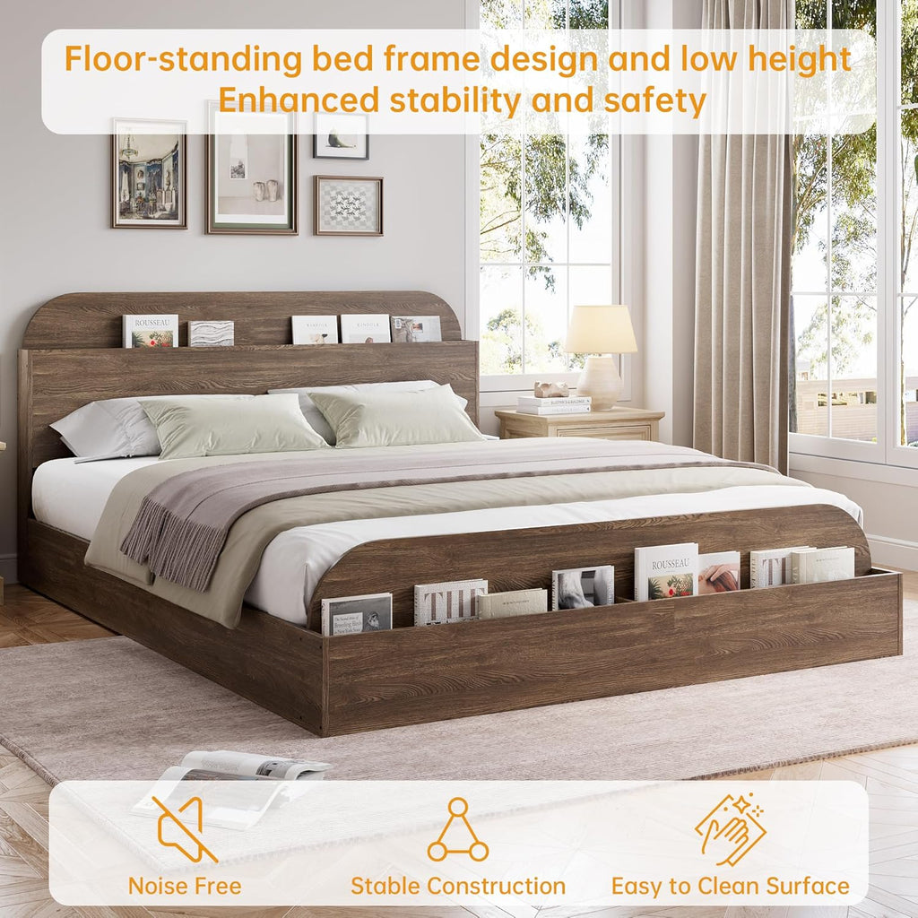 Queen Size Bed Frame, Floor Low Platform Bed, Walnut