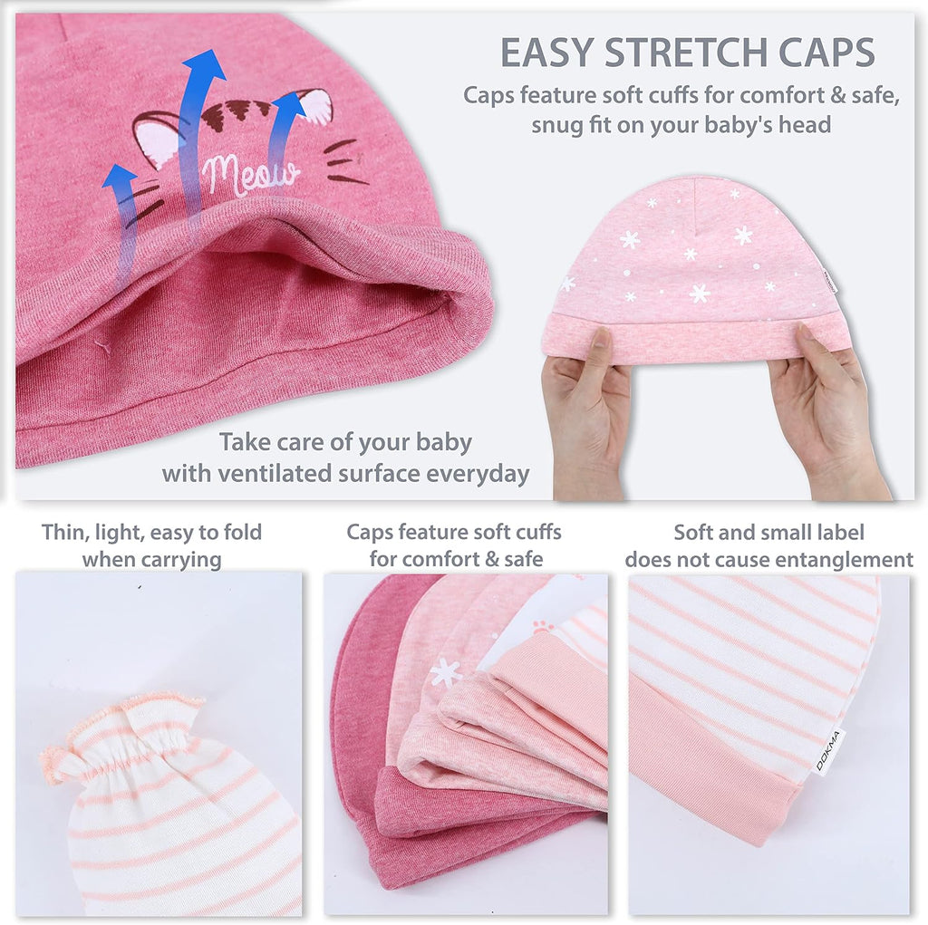 Organic Cotton Baby Mittens and Caps Set with Cute Bunny Design for Newborn 0-6 Months -, No Scratch, Ultra Soft - 5