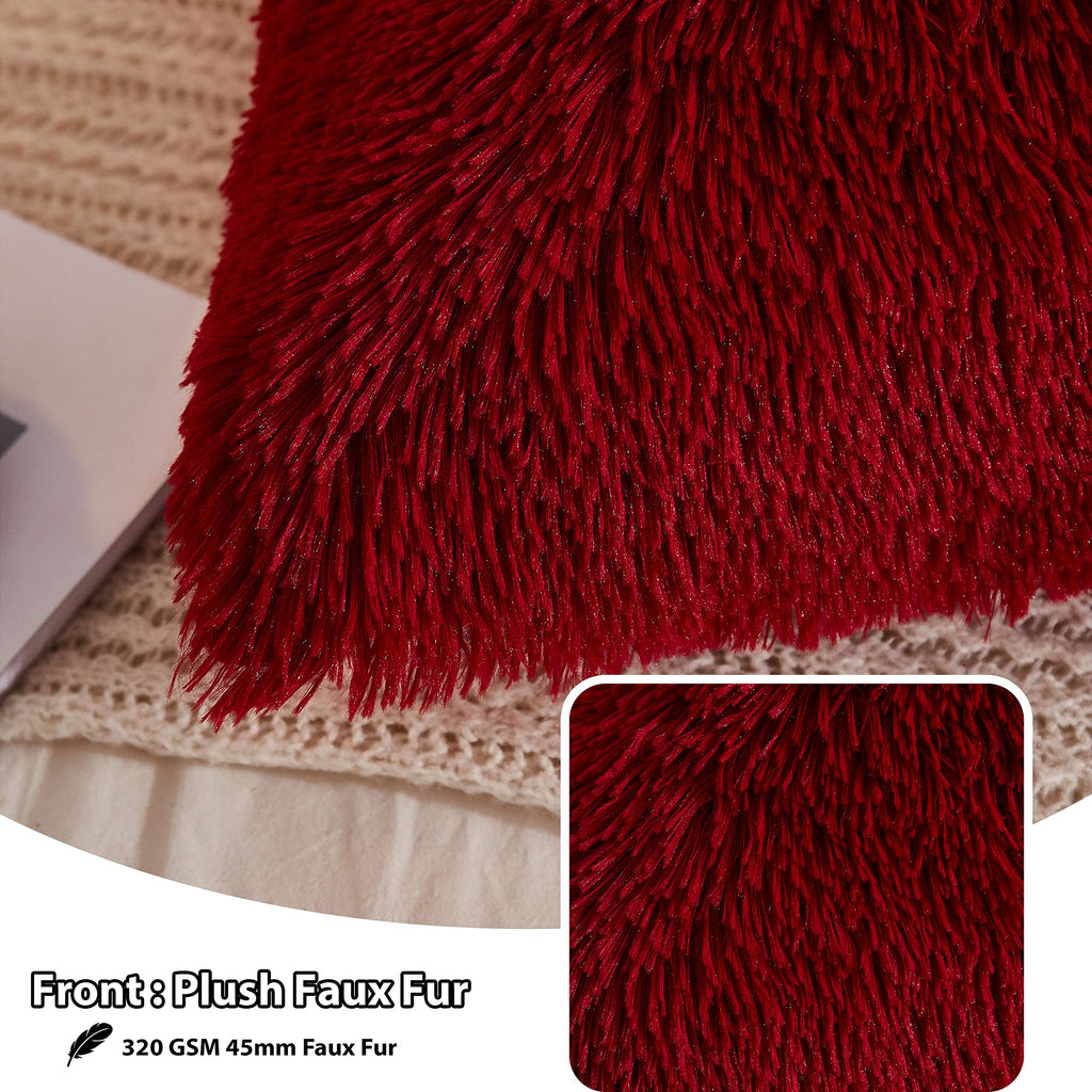 Fluffy Faux Fur Throw Pillow Covers Pack of 2, Burgundy