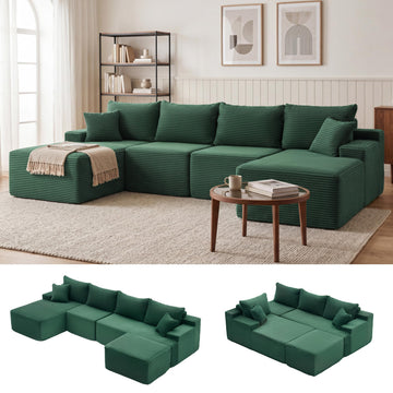 118'' Boneless Couch, U Shaped Couches, Green