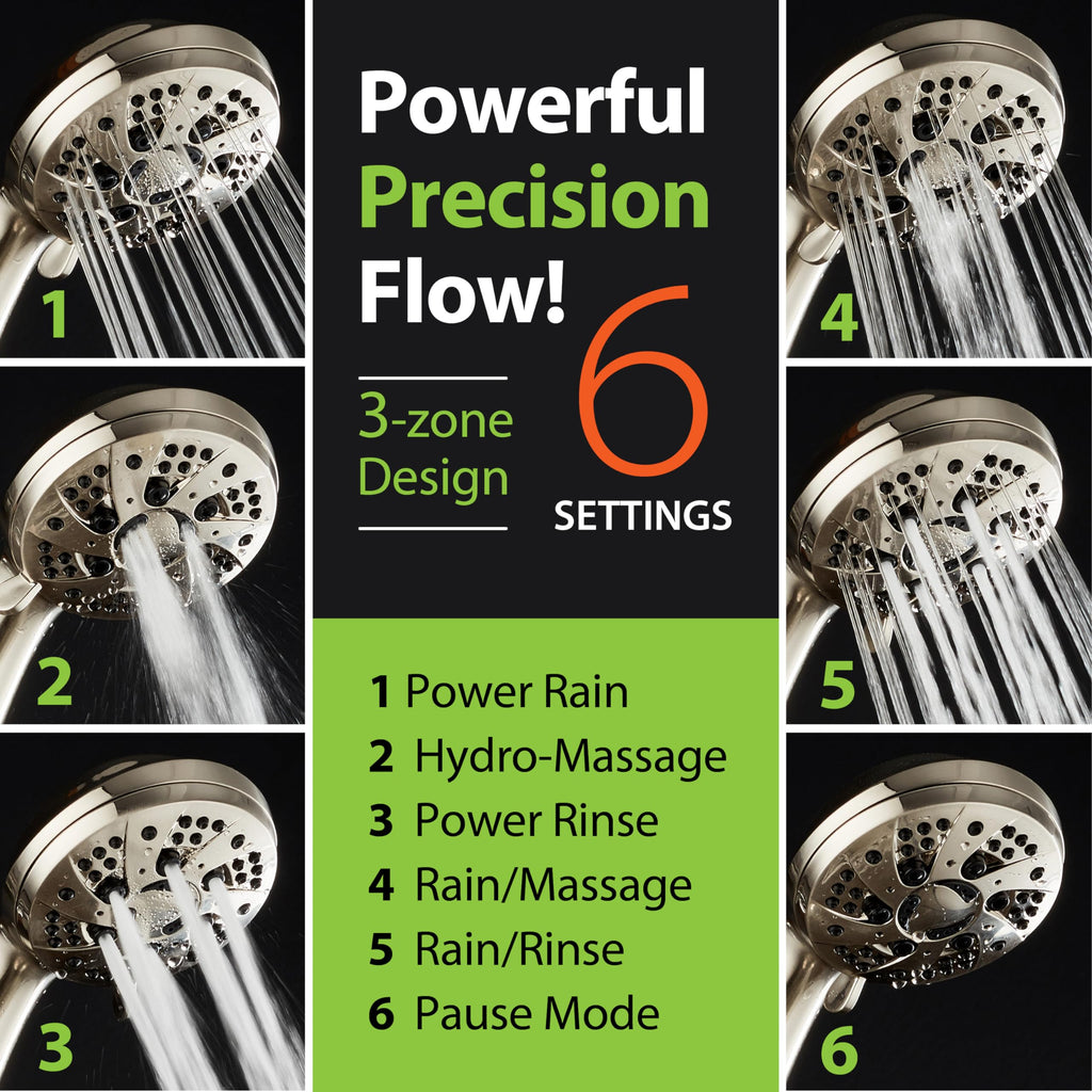 High Pressure 6-Setting Full Brushed Nickel Handheld Shower Head with Stainless Steel Hose. Officially Independently