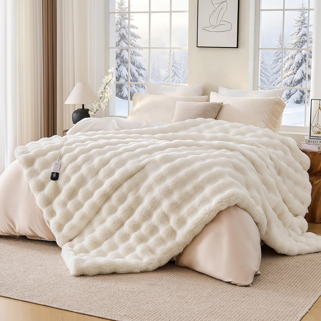 Faux Fur Cozy Heated Blanket Throw Size, Cream, 50"x62"