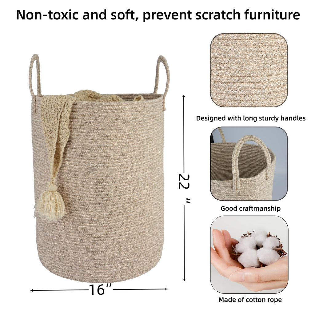 Woven Cotton Rope Laundry Basket Hamper, 16" x 22" Large Oatmeal