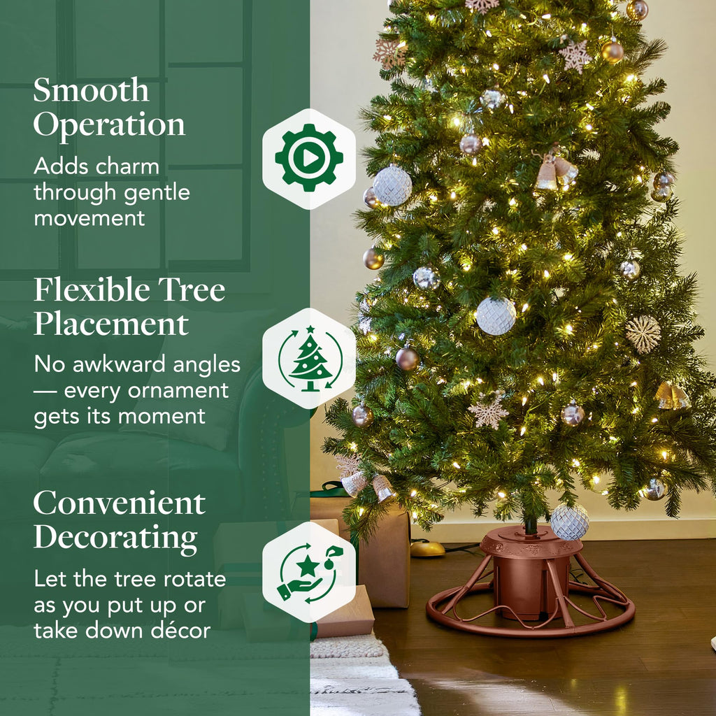 360° Rotating Christmas Tree Stand - Brown Sturdy Metal Base for Trees up to 9ft Tall - Holiday Decor Accessory