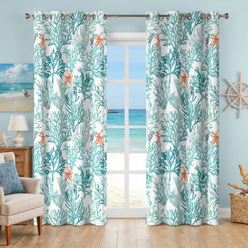Coastal Beach Curtains 2 Panels Set Nautical Ocean Patterned Themed Thermal Insulating 50% Light Blocking Room