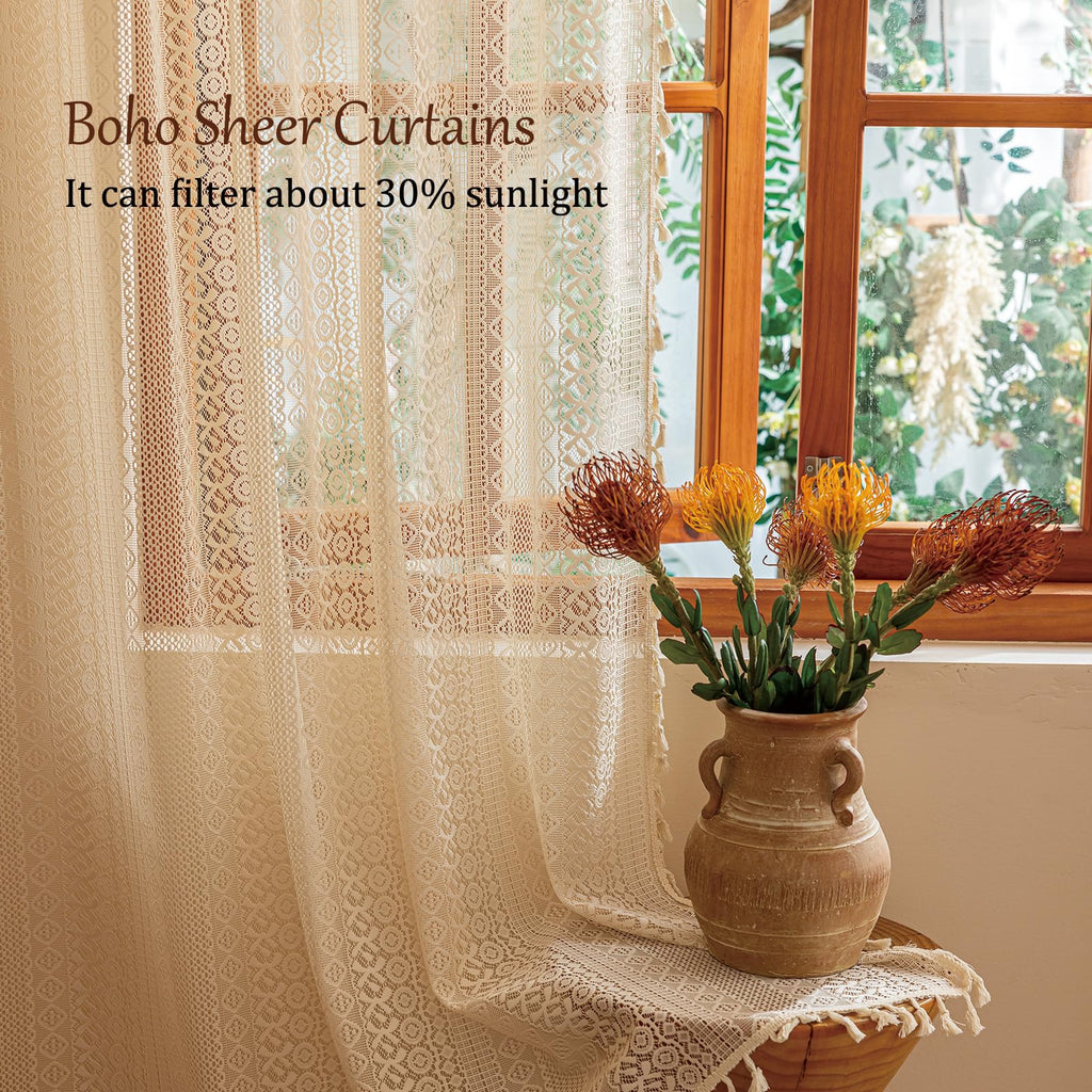 Beige Boho Lace Curtains 84 inches Long, Crochet Macrame Bohemian Drape Farmhouse Vintage Chic Tassels, Cream Sheer