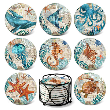 Absorbing Stone Sea Ocean Life Coasters for Drinks, Cork Base with Holder, Coastal Decor Beach Theme Tropical, warming