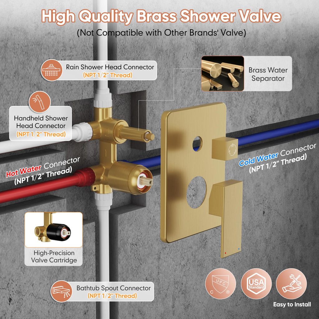 Brushed Gold Shower System, Gold Shower Faucet Set with Tub Spout