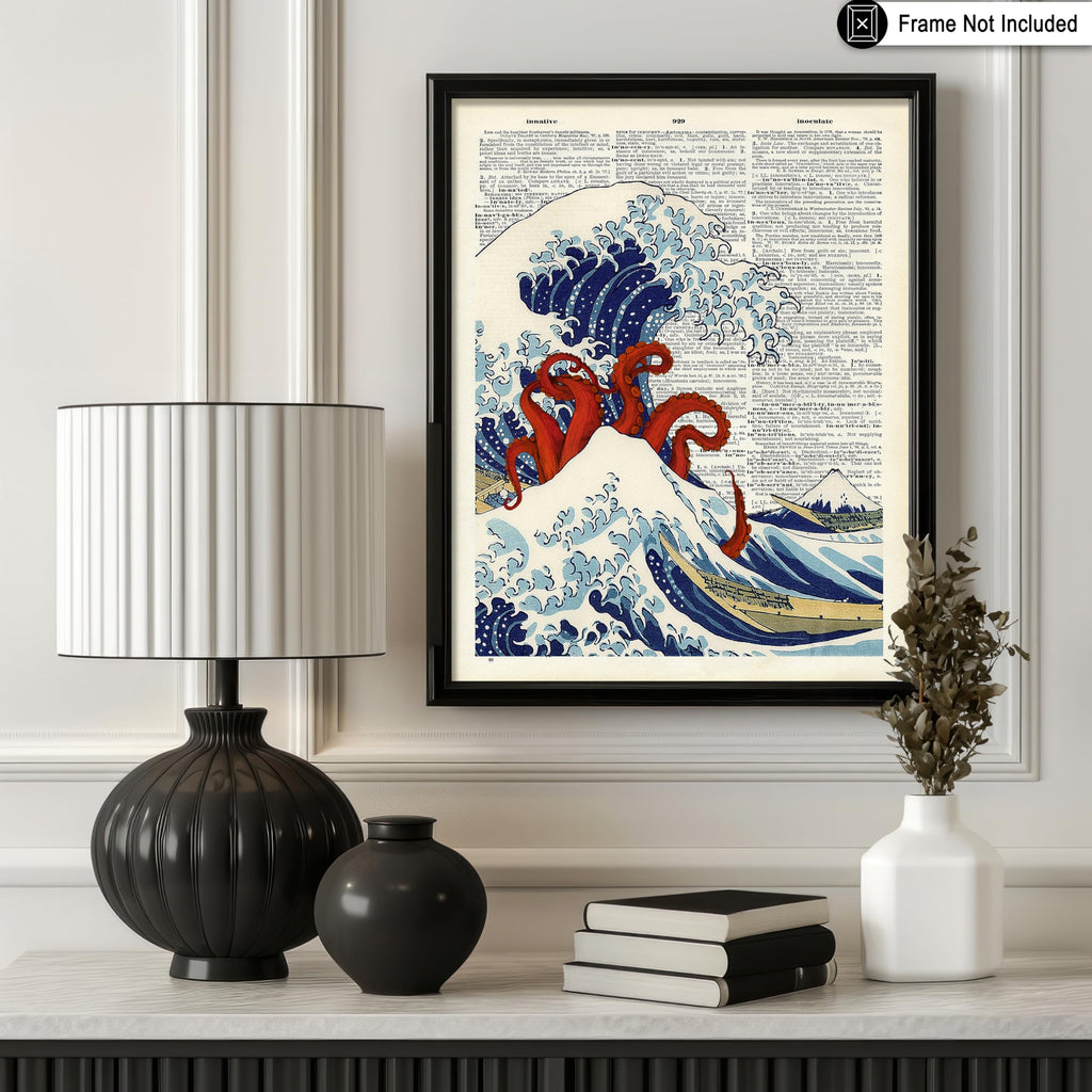 Tentacles and Great Wave Off Kanagawa Print - Dictionary Poster - Octopus Art - Gift for Men, Women - Nautical Decor