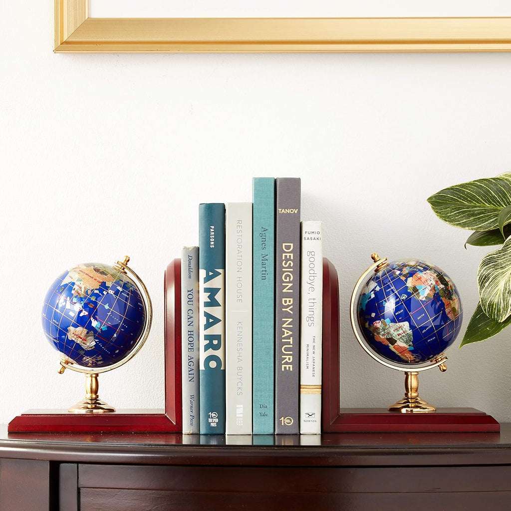 Art 7-Inch Tall Pair of Blue Lapis Ocean Gemstone World Globe Bookends