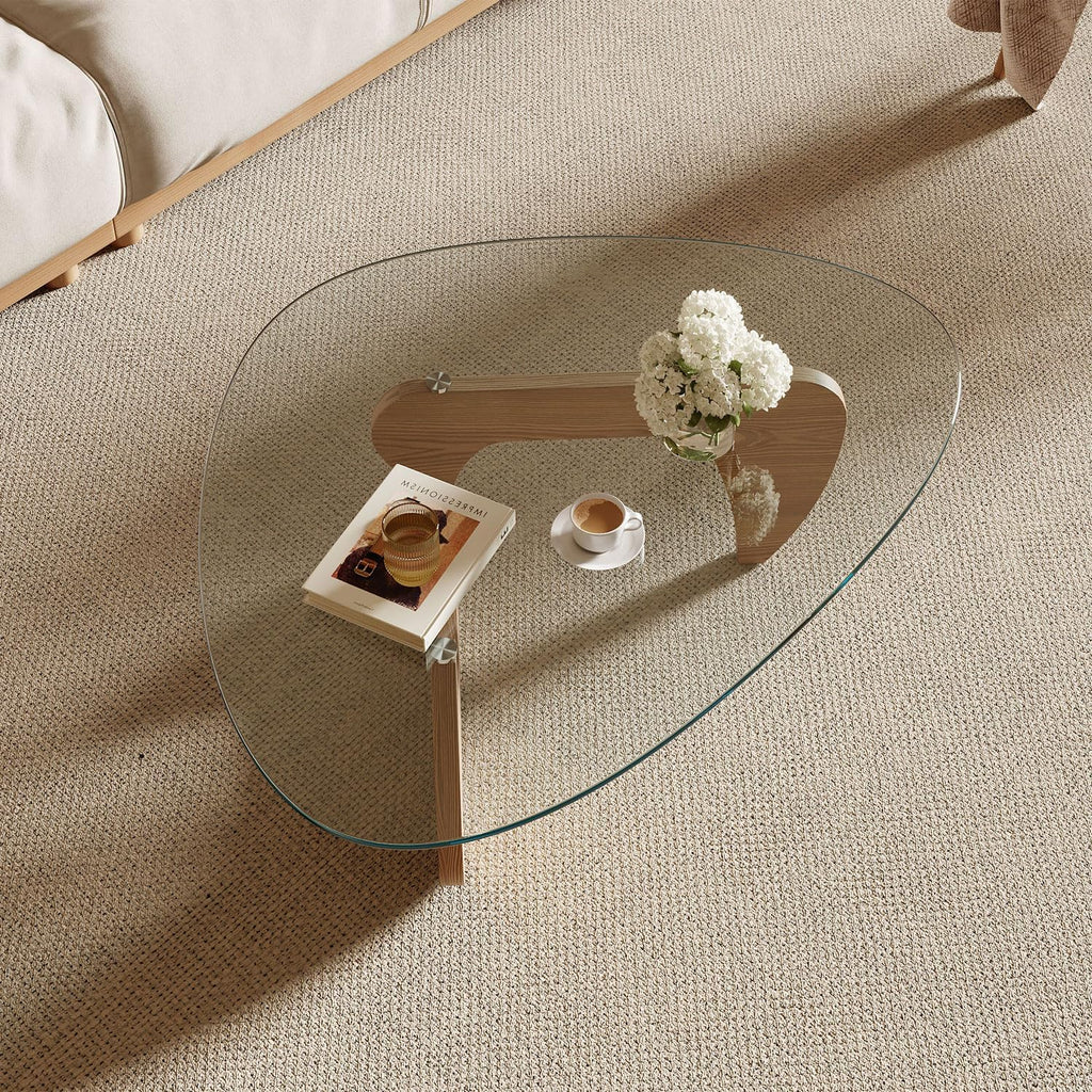 Modern Coffee Table and Small Spaces, 43.3" x 29.5" x 15.8" Triangle Tempered Glass Table Top and Eco-Friendly Solid