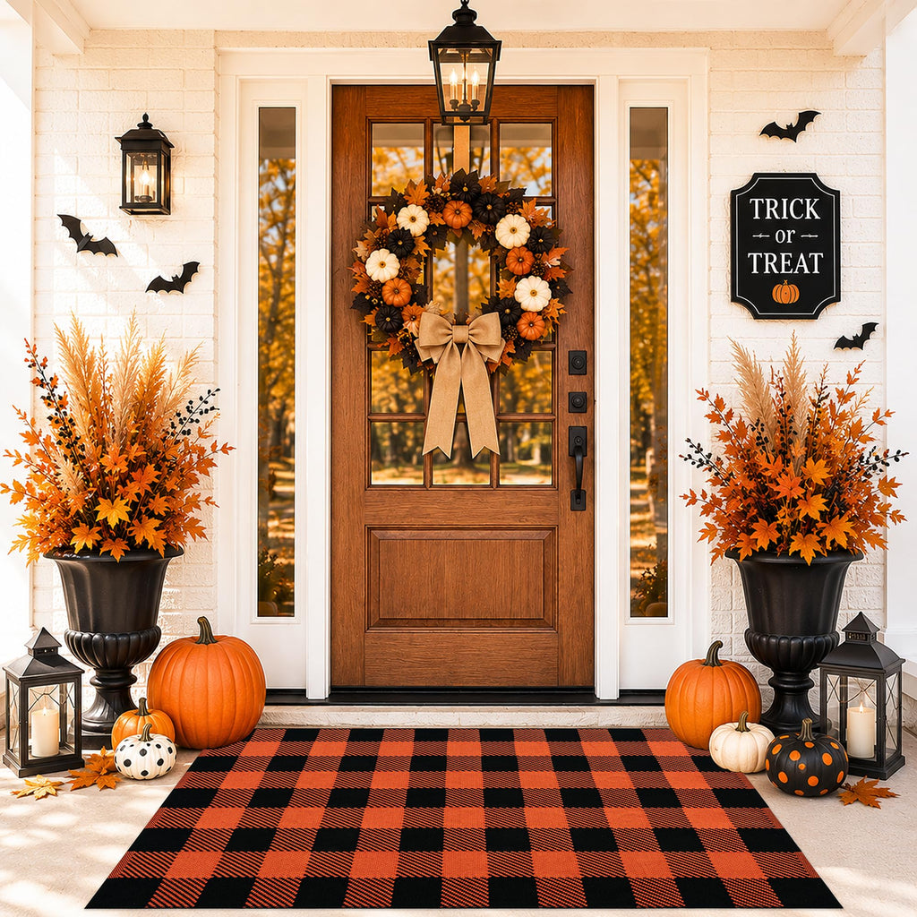 Fall Door Mat Orange and Black Buffalo Plaid Rug 3'x 5', Washable Layering Rug for Front Door Porch Entryway Cotton
