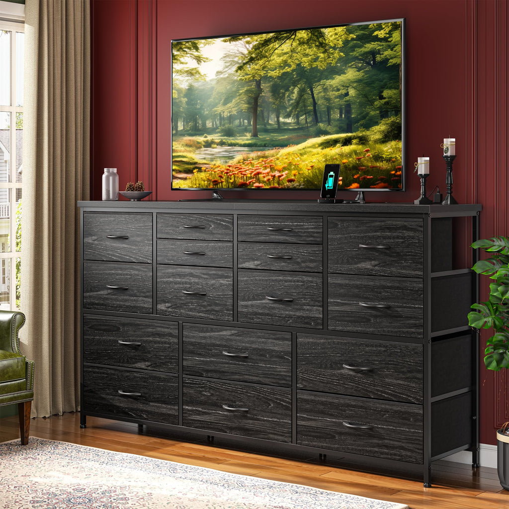 16 Drawer Dresser with Charging Station, Rustic Black