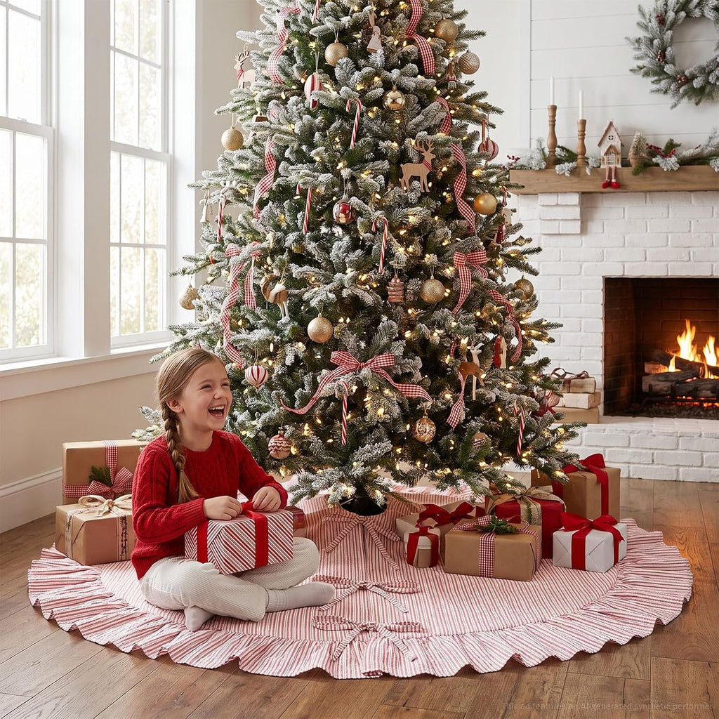 Christmas Tree Skirt Large, 72 Inch Red Pinstripe Ruffle