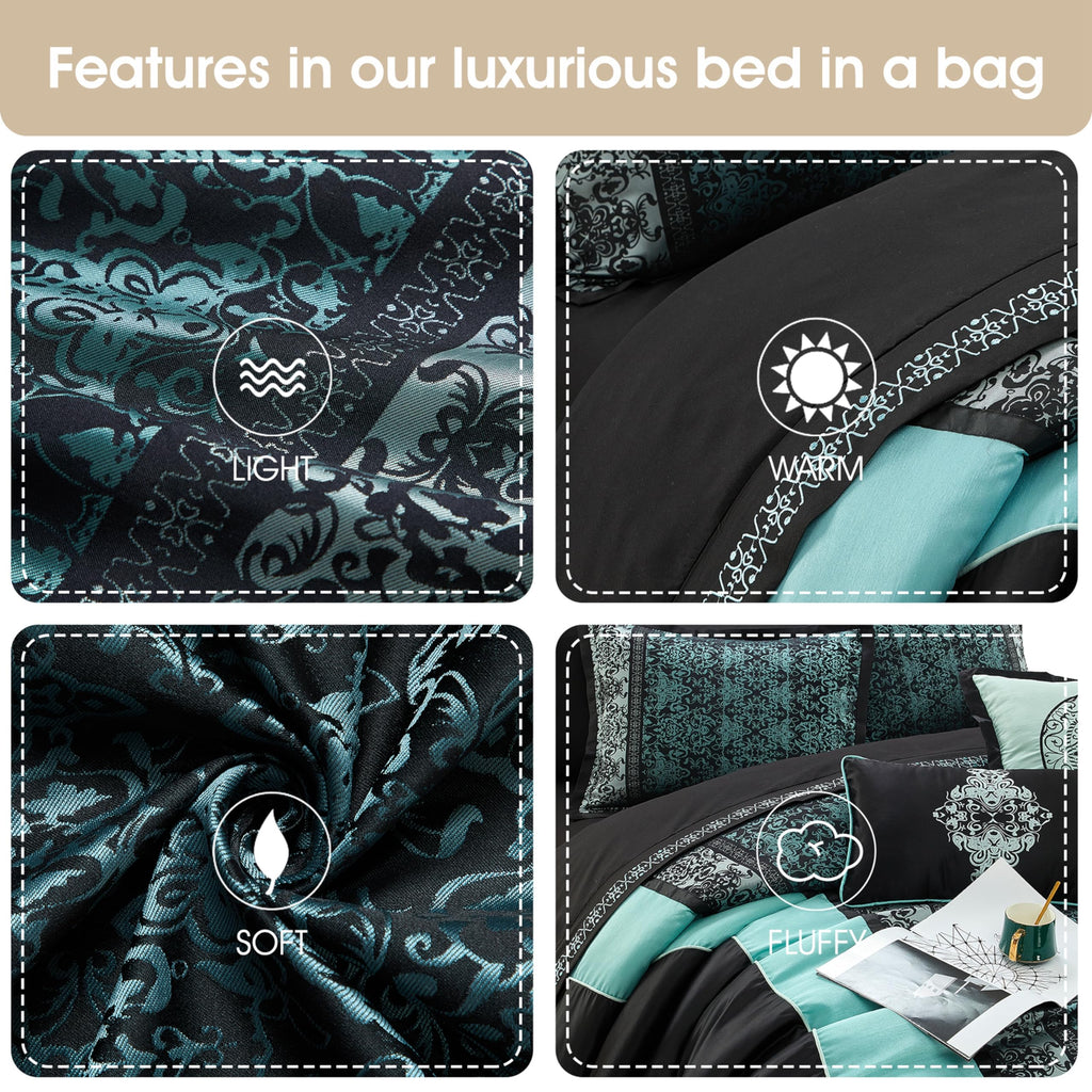 Black & Teal Comforter Set California King Size, Classic Jacquard Bedding Sets, Faux Silk, Premium Microfiber, 12