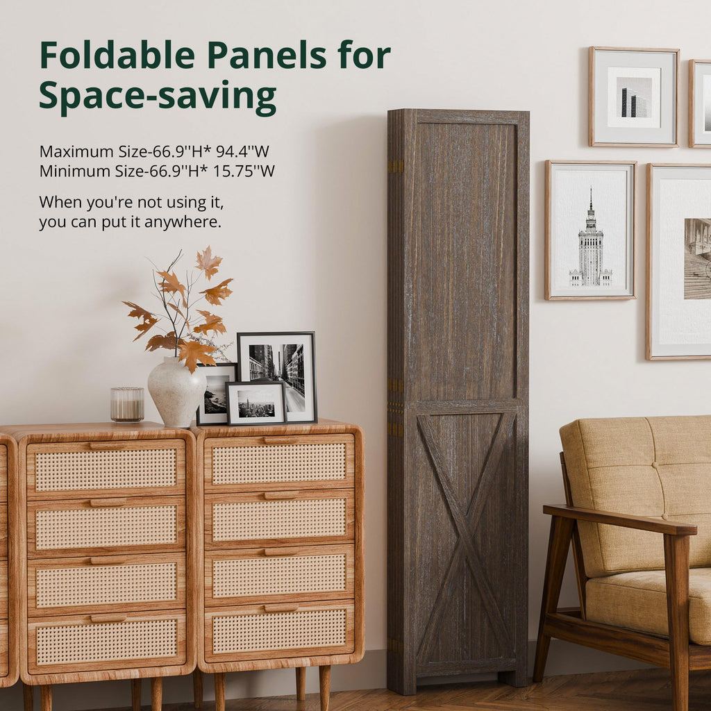 6 Panel Folding Room Divider, Solid Wood Privacy Screen, Freestanding Partition Wall, Temporary Wall