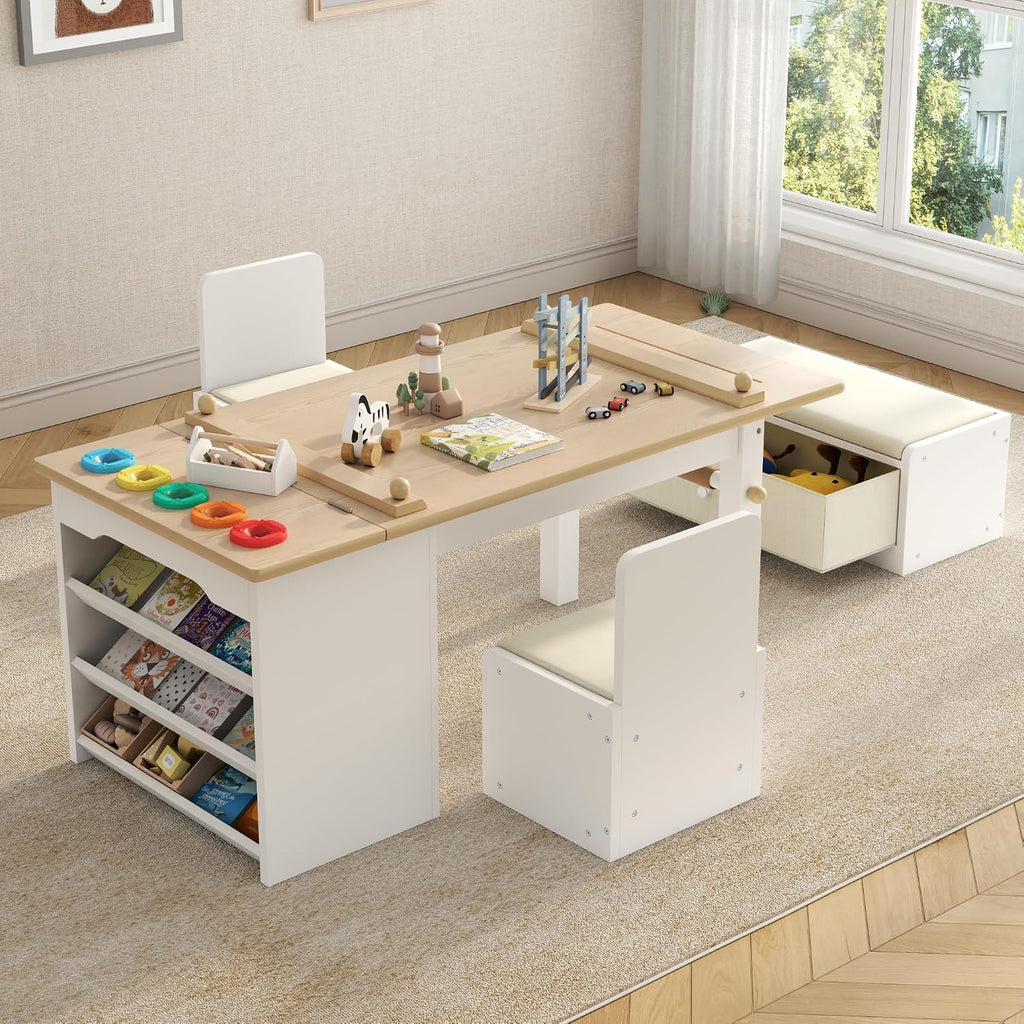3 in 1 Kids Art Table and Chair Set, Art Desk & Easel with Storage Drawers