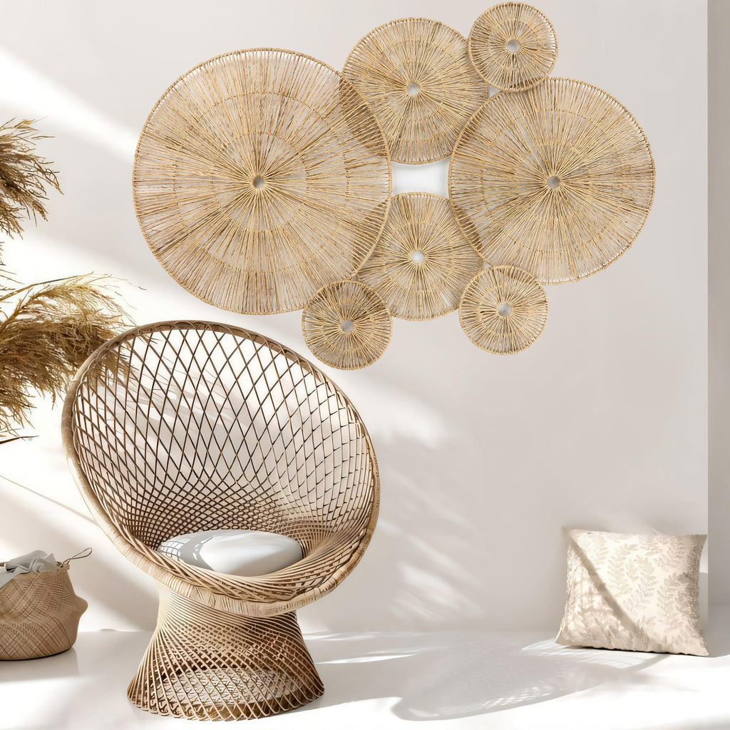 Set of 7 Boho Wall Decor - 18-Inch Handcrafted Woven Jute Hanging Basket Decor - Unique Large Round Flat Wall baskets