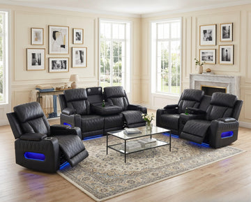 Breathing Leather Power Reclining Sofa Set, Living Room Furniture Set with Recliners, Leather Couch Loveseat and