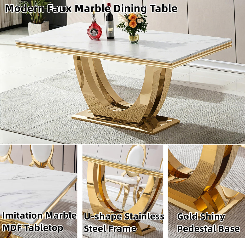 White Marble Dining Table Luxury Faux Marble Kitchen Table with U-Shape Mirrored Finish Pedestal Base, 68"