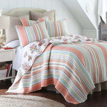 Brighton Coral Cotton Quilt Set Stripe Coastal