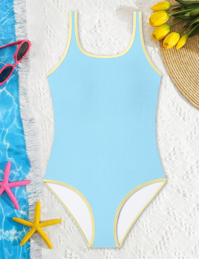 Girls Swimsuit Scoop Neck Contrast Color Piping One Piece Bathing Suit Adjustable Straps Bathing Suit for Girls