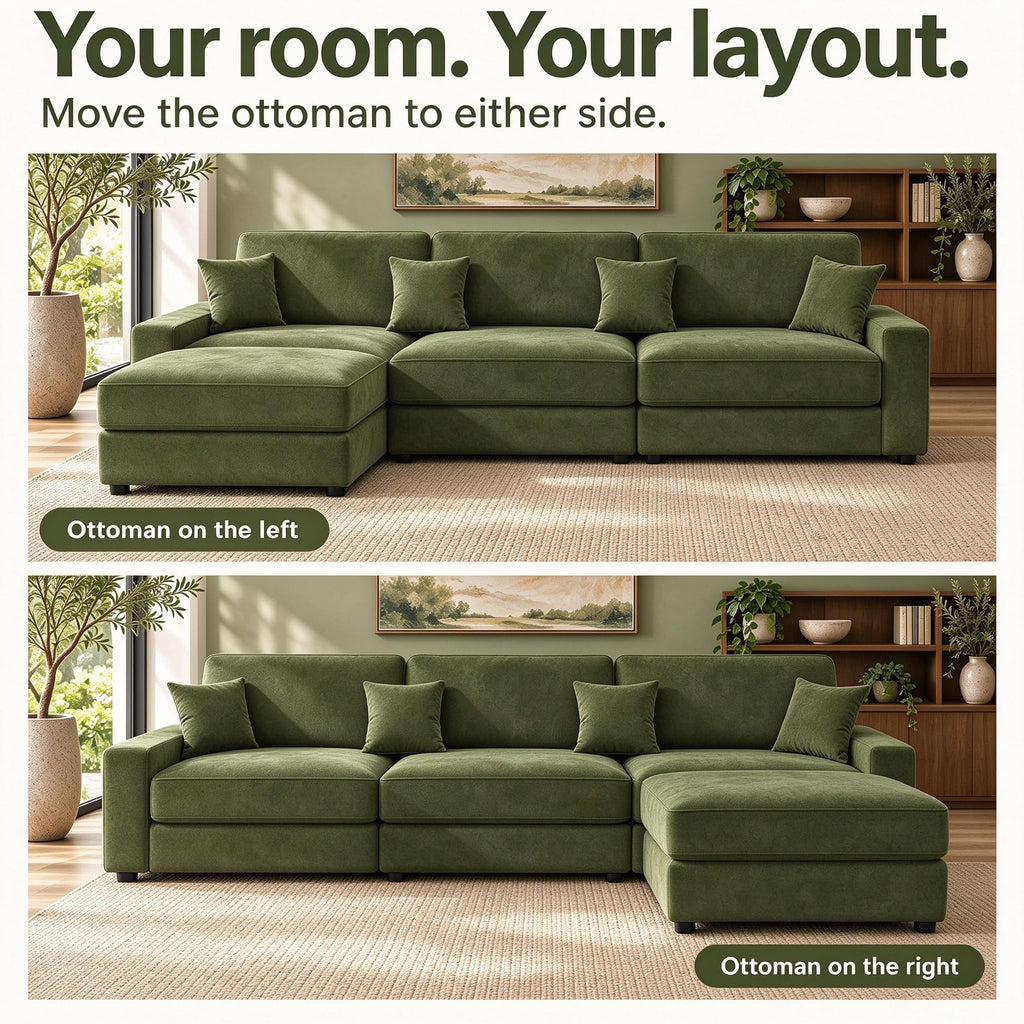 115" L-Shaped Modular Sectional Sofa, Oversized Deep Seat with Movable Ottoman, Chenille Upholstery, Side Pocket & 4