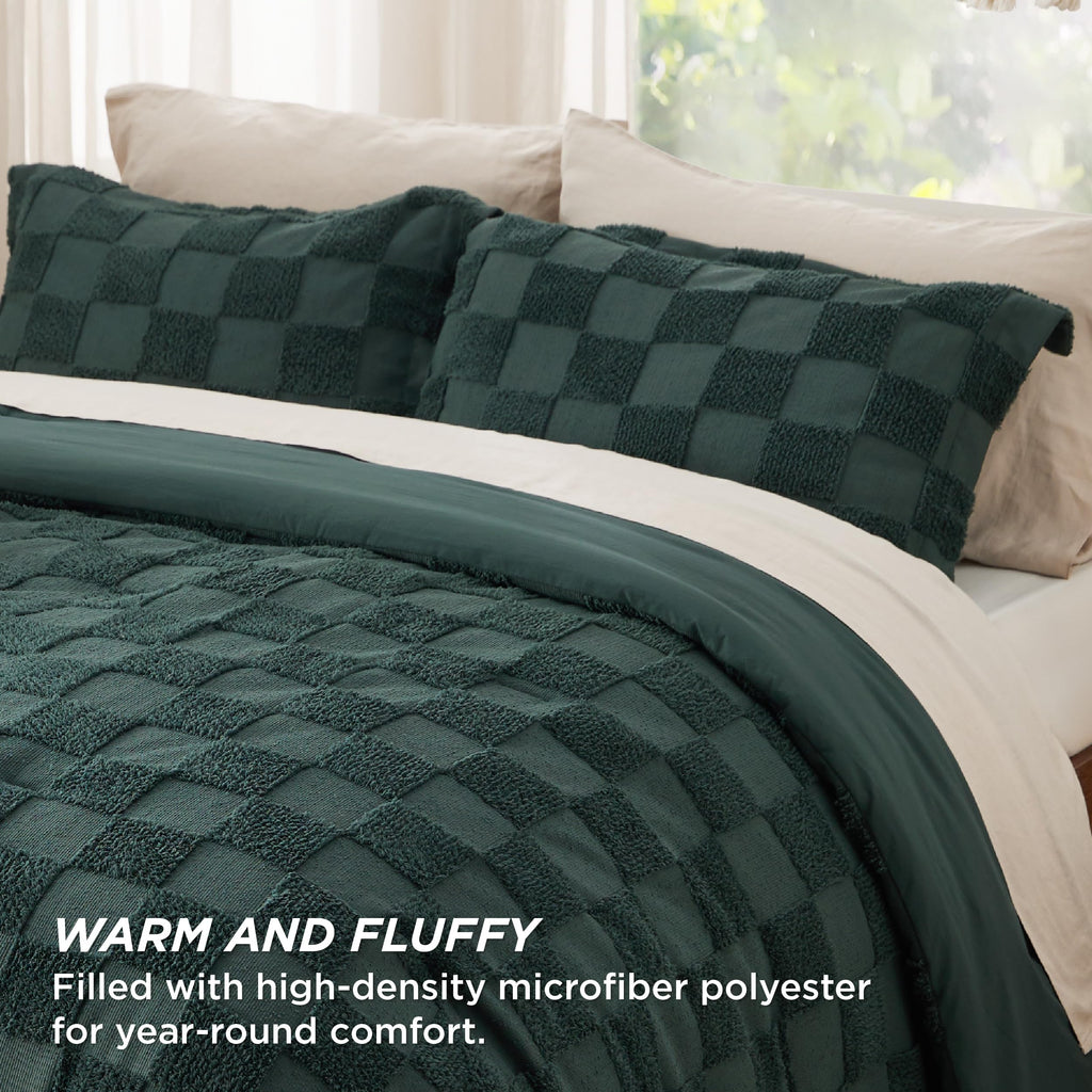 Queen Size Comforter Set Emerald, Boho Tufted Bed Set, Checkered Farmhouse-Style Distressed Vintage Bedding, 3