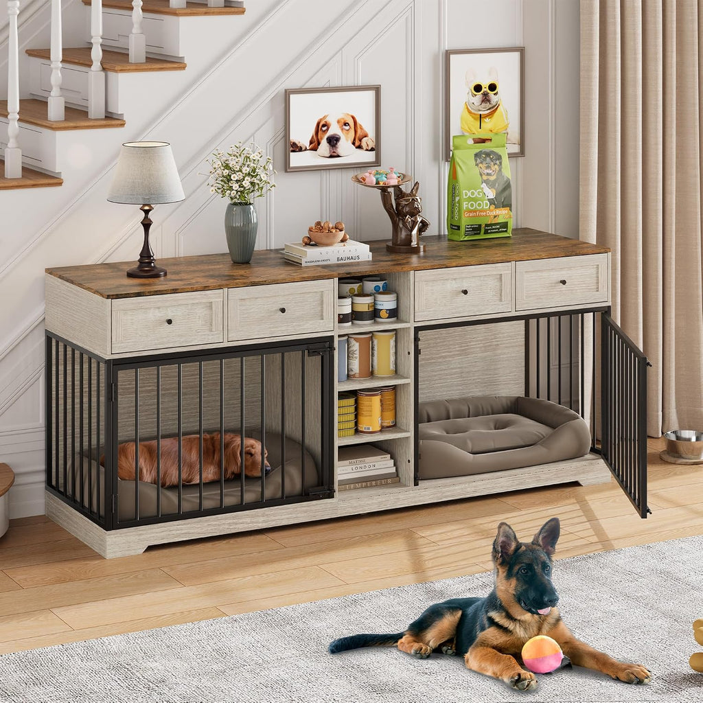 Double Dog Crate Furniture with Storage, Washed White