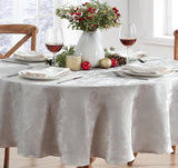 Christmas Carol Holiday Noel Damask Fabric Tablecloth, 60 x 84 Inch Oval, Grey, Holly Leaf Poinsetti