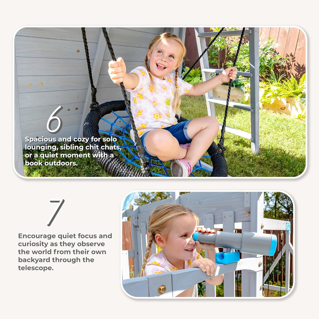 Kids Laguna Outdoor Wooden Swing Set, Gray & Aqua | Slide, Rock Climbing Wall, Fireman Pole & Trapeze Bar, Ages 3-10