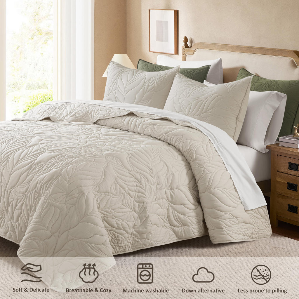 Beige California Quilt Set, Oversized Neutral Soft Lightweight Bedspread, Farmhouse Rustic Country