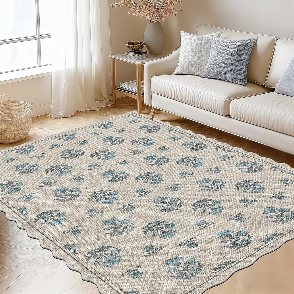 Scalloped Easy Jute 3x5 Area Rug Vintage Blue Floral Farmhouse Washable Rug Non-Slip Indoor Outdoor 