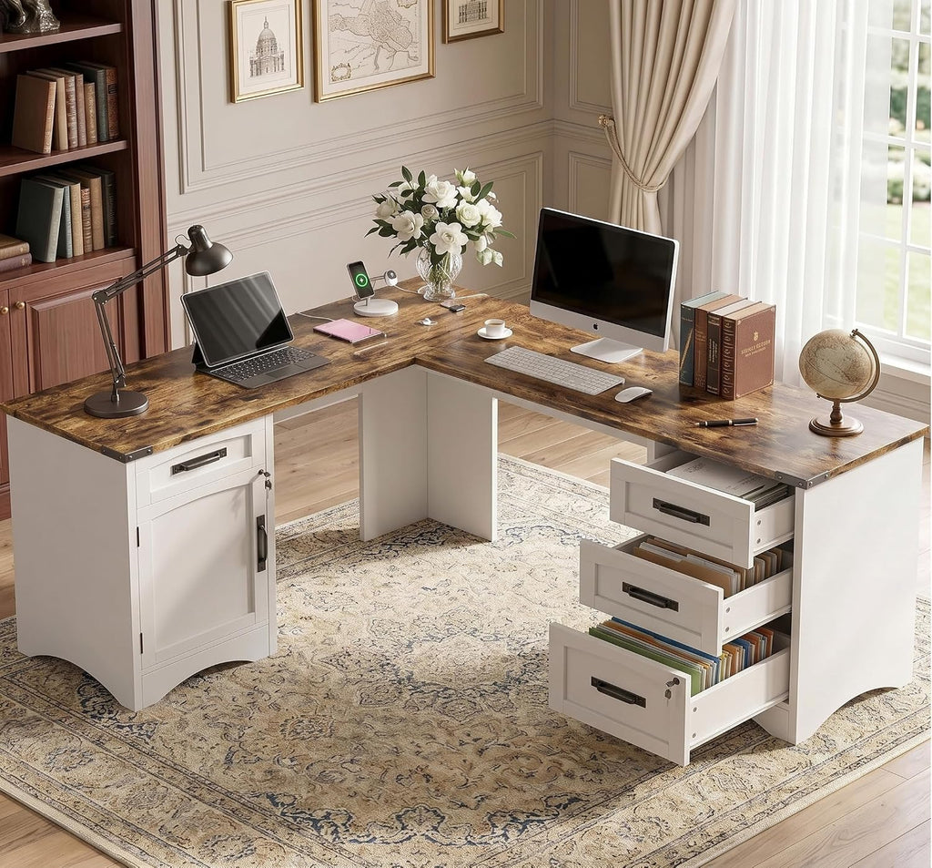 67" Farmhouse L Shaped Standing Desk with Drawers Home Office Executive Desks with Fast Charging Station, Lockable