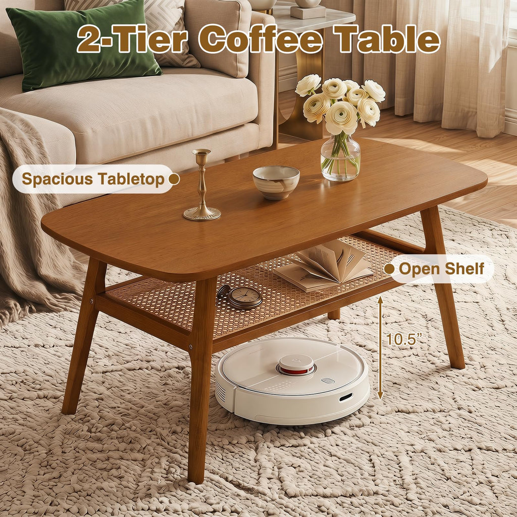 Rattan Coffee Table, 39.5" Wood Coffee Table Walnut