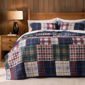 Patchwork Quilt Bedding Set, Plaid Lightweight Reversible Bedspread Coverlet, 3-Piece Bed Cover Quilt with 2