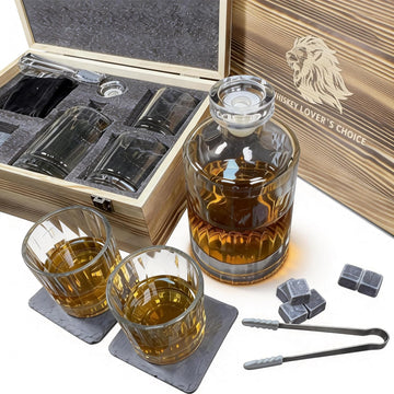 17-Piece Whiskey Decanter Set, 17oz Lead-Free Crystal with Flat Panel for Labels, 2 Glasses, 9 Granite Stones - Set of 16