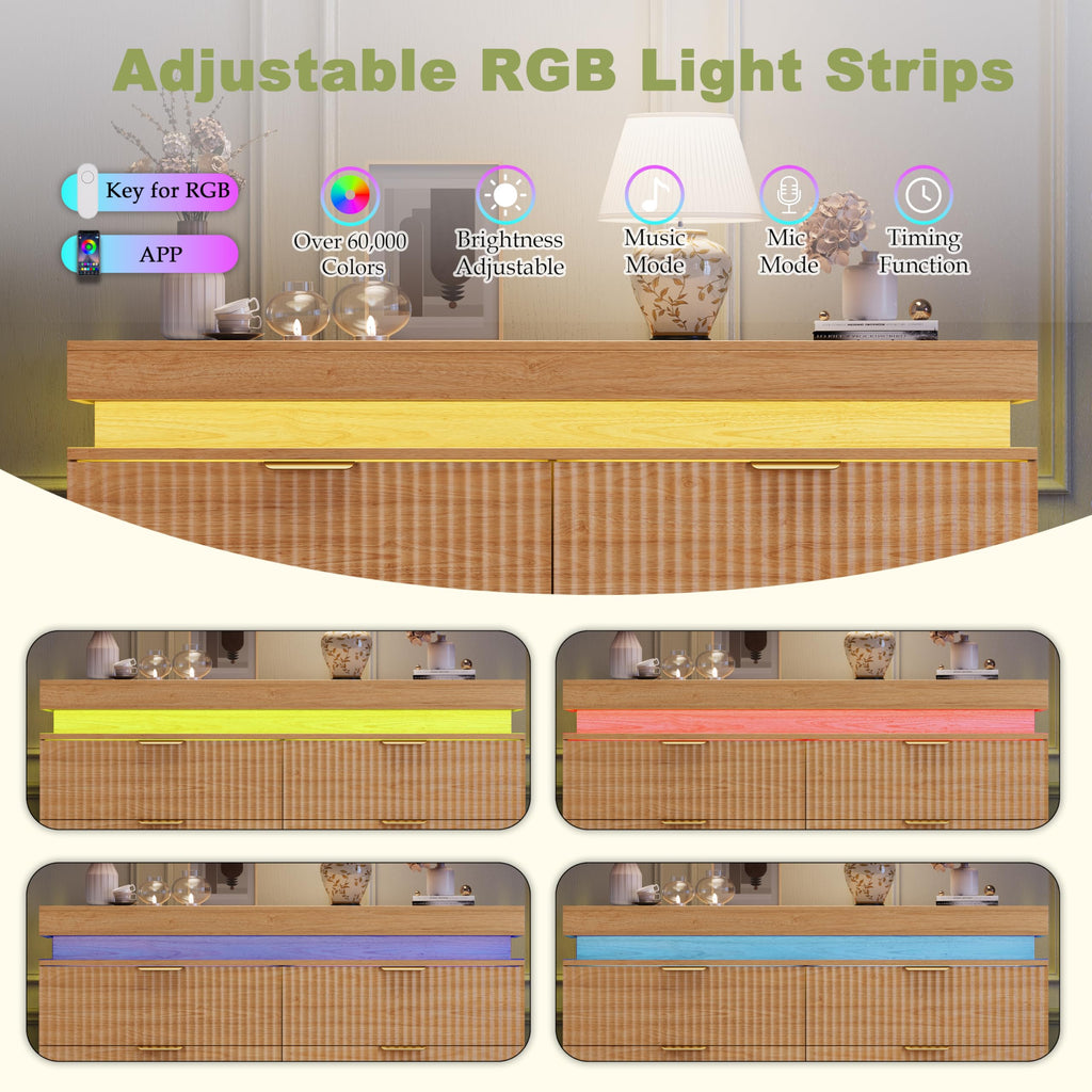 Fluted 6 Drawer Dresser LED Lights & Charging Station, Natural Oak