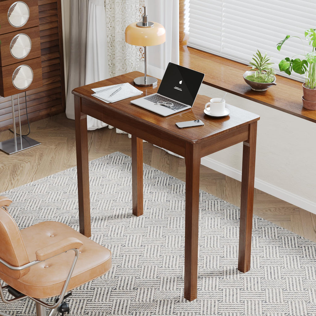 Solid Wood Desk with Drawers - 32 x 16 Inch Vintage Narrow Desks, Mid Century Modern Desks, Rubber Wood Study Table
